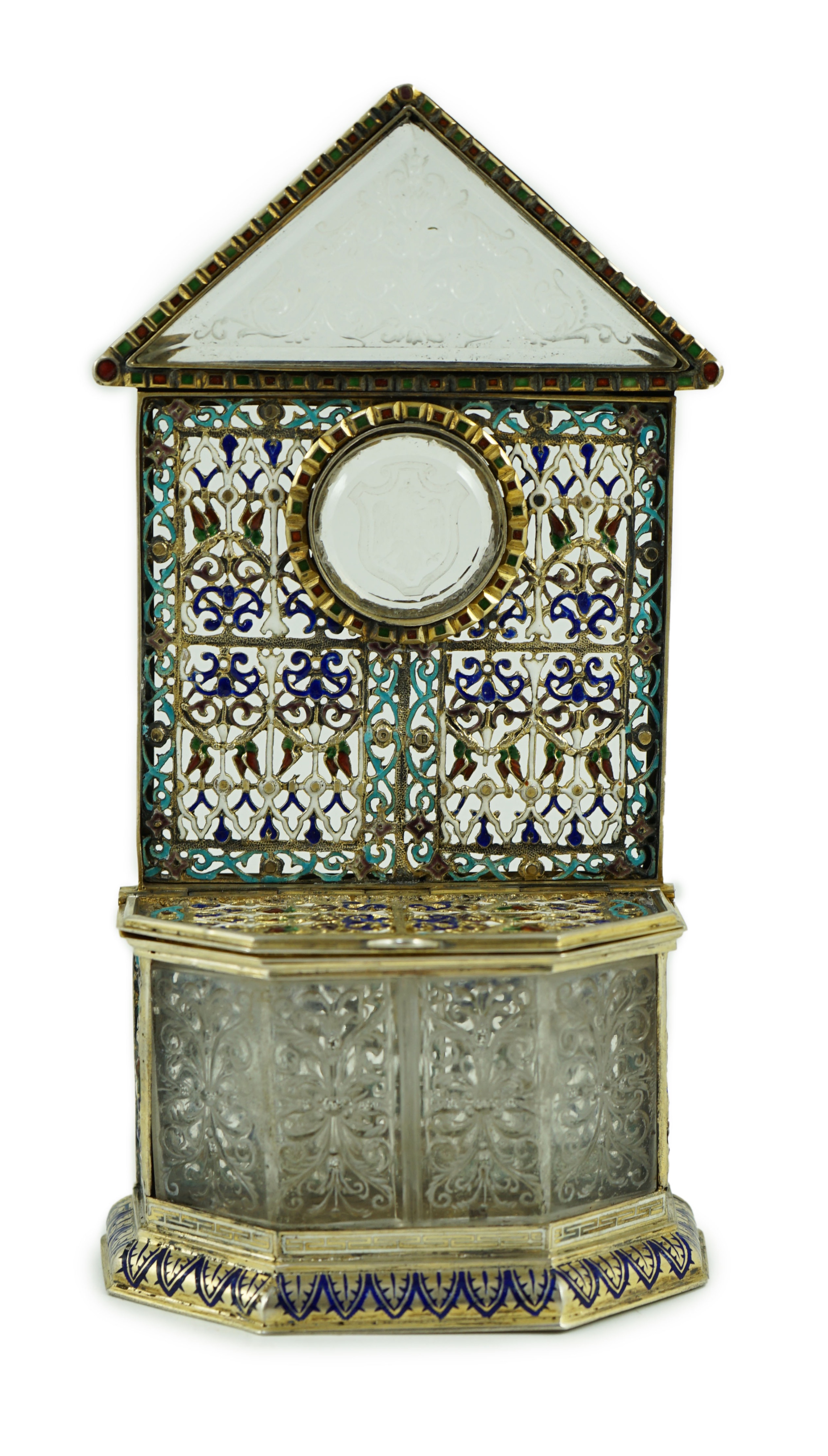 A 19th century Austrian silver-gilt and enamel reliquary, by Rudolf Linke, c.1890, width 10.5cm, depth 5cm, height 20cm